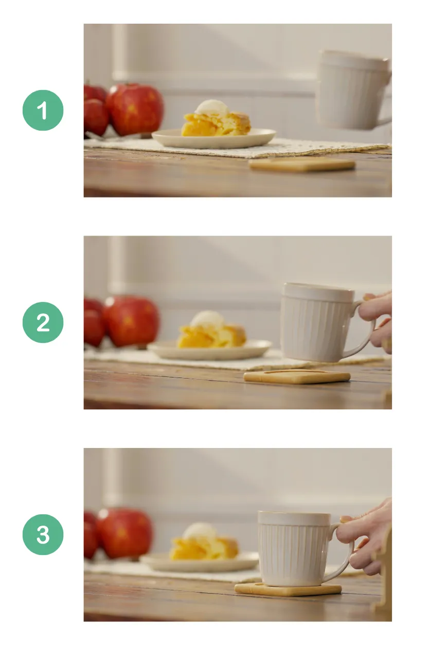 Cinematic focus transition from apple pie to coffee cup