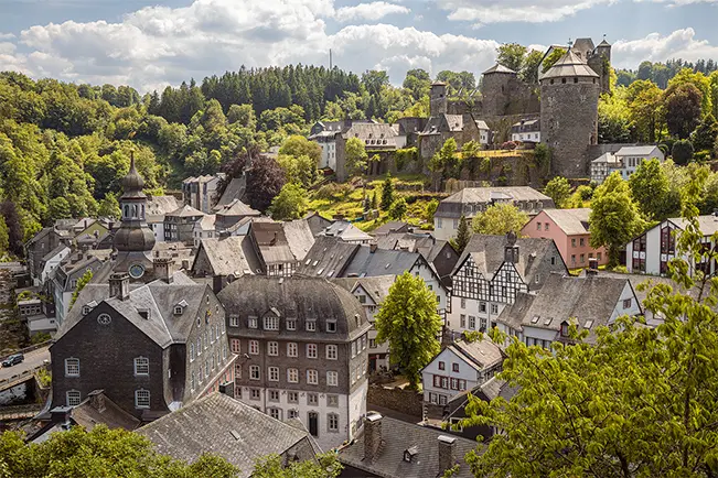 Historic European village surrounded by lush green hills and a castle