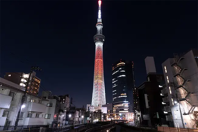 Illuminated Tokyo Skytree at night surrounded by city buildings