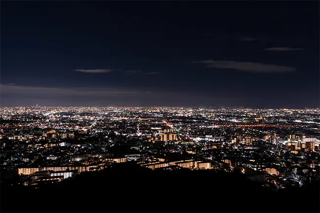 Panoramic cityscape illuminated by lights at night