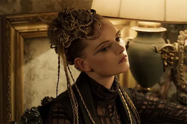 Woman with braided hair and dramatic makeup posing indoors