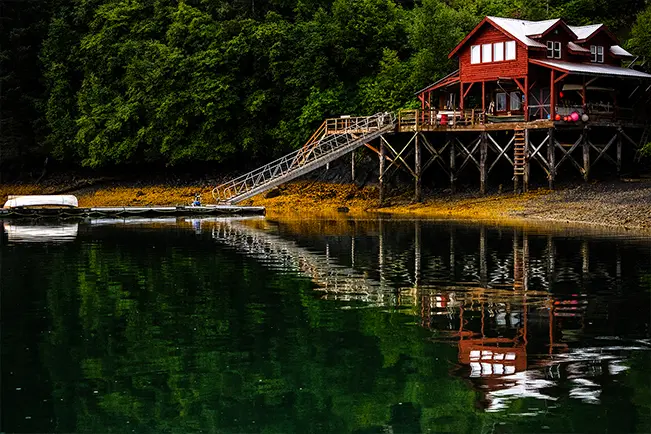 Red cabin beside a calm lake surrounded by forest