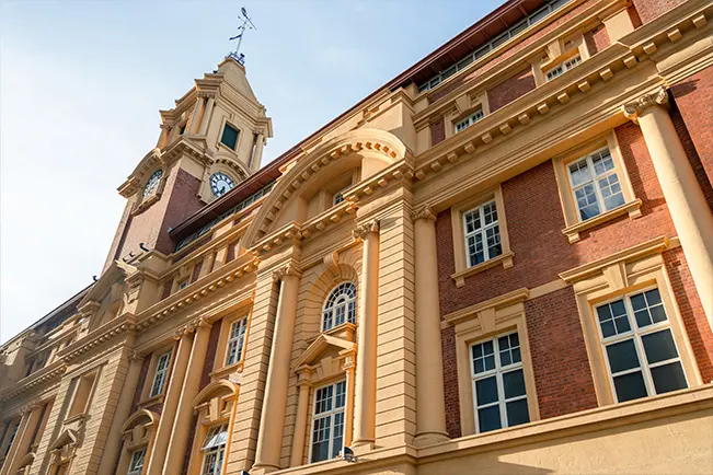 Historic European building with ornate architecture and clock tower