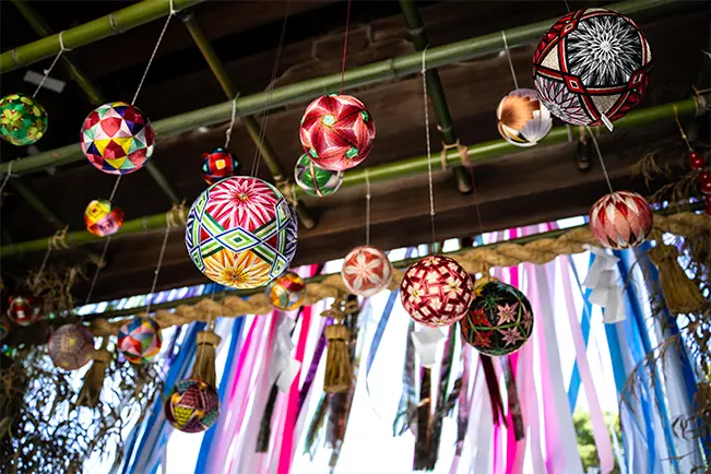 Colorful hanging lanterns and festive decorations at an event